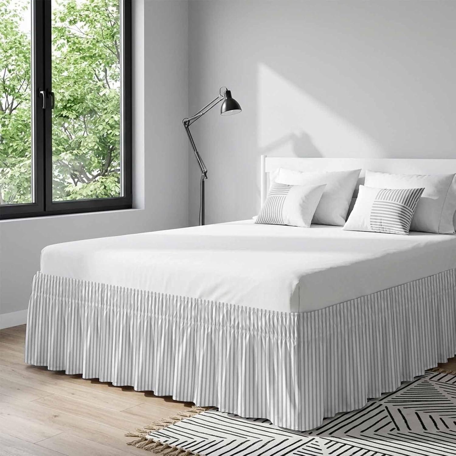 Grey Vertical Striped Bed Skirt Queen Size 16 Inch Drop, Adjustable & Elastic Wrap Around Bed Skirts Pleated Luxury Dust Ruffles for Twin Full Queen Cal King Base Bed, Farmhouse Thin Line Stripes