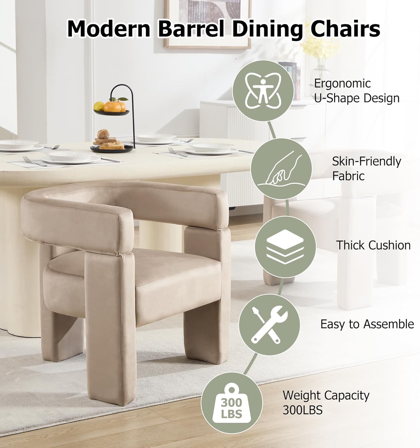 Modern Accent Barrel Chairs Set of 4, Velvet Upholstered Armchairs with 3 Legs, Comfy Leisure Reading Chair for Dining/Living Room/Bedroom/Office/Apartment, Khaki