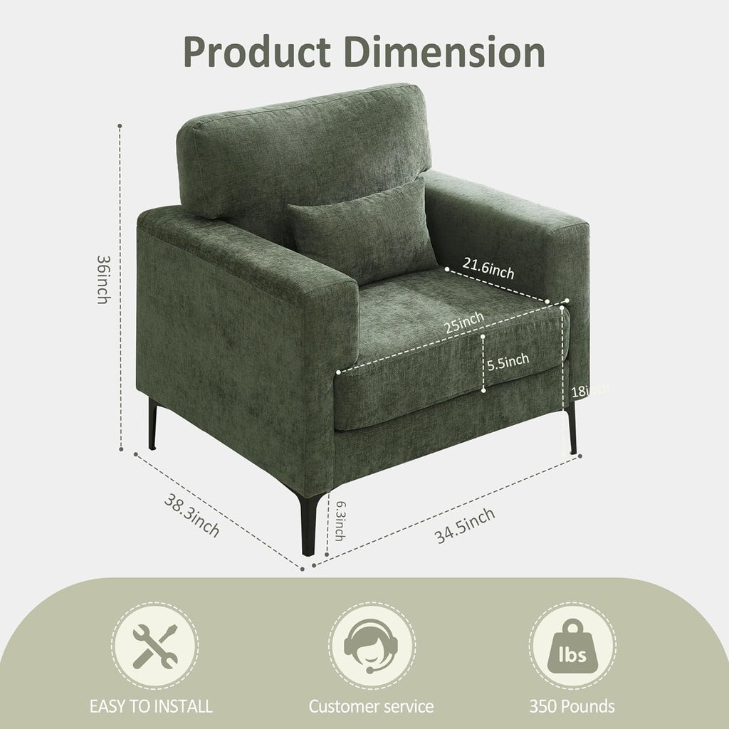Oversized Accent Chair with Metal Legs,Comfy Armchair and a Half,Modern Century Single Sofa Extra Large Reading Club Chair for Bedroom,Living Room,and Apartment,Chenille,Green