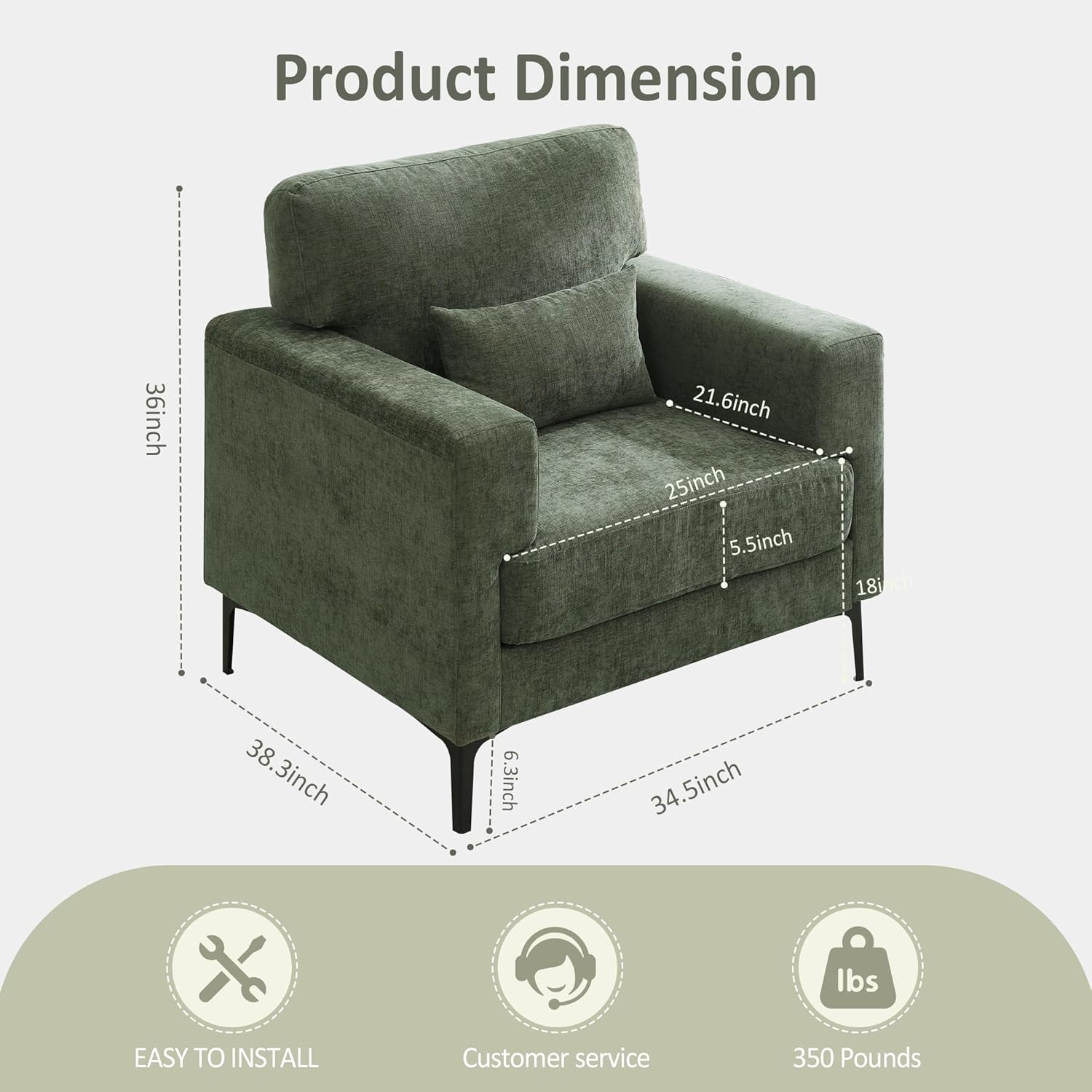 Oversized Accent Chair with Metal Legs,Comfy Armchair and a Half,Modern Century Single Sofa Extra Large Reading Club Chair for Bedroom,Living Room,and Apartment,Chenille,Green