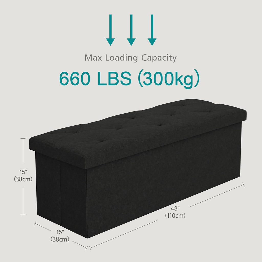VECELO 43'' Folding Storage Ottoman Bench, Storage Chest, Linen Fabric Foot Rest Stool, 158L Storage Footstools for Bedroom and Living Room, Holds up to 660 lbs, JBlack