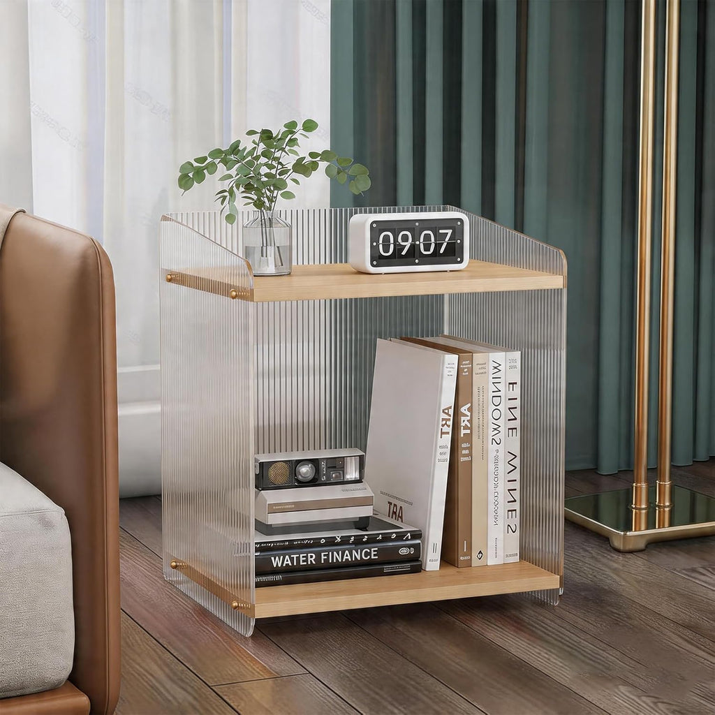 Acrylic and Wood End Table with 2-Tier Storage, Side Table for Couch Dinner Coffee Drink Table TV Snack Tray Modern Minimalist Nightstand for Living Room, 18.9 Inch, Clear (Wood)