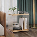 Acrylic and Wood End Table with 2-Tier Storage, Side Table for Couch Dinner Coffee Drink Table TV Snack Tray Modern Minimalist Nightstand for Living Room, 18.9 Inch, Clear (Wood)