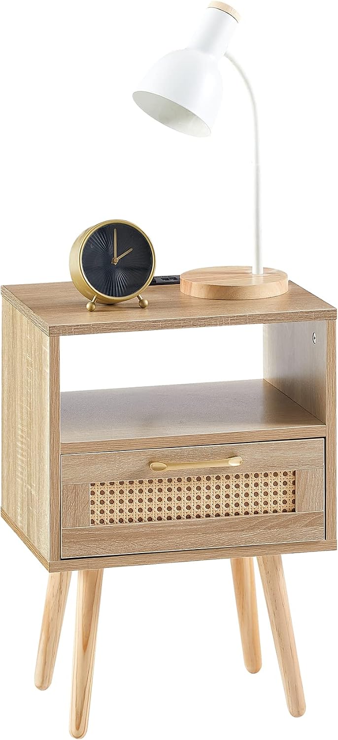 ZenithX 15.75" Rattan End Table with Power Outlet & USB Ports, Modern nightstand with Drawer and Solid Wood Legs, Side Table for Living Room, Bedroom,Natural