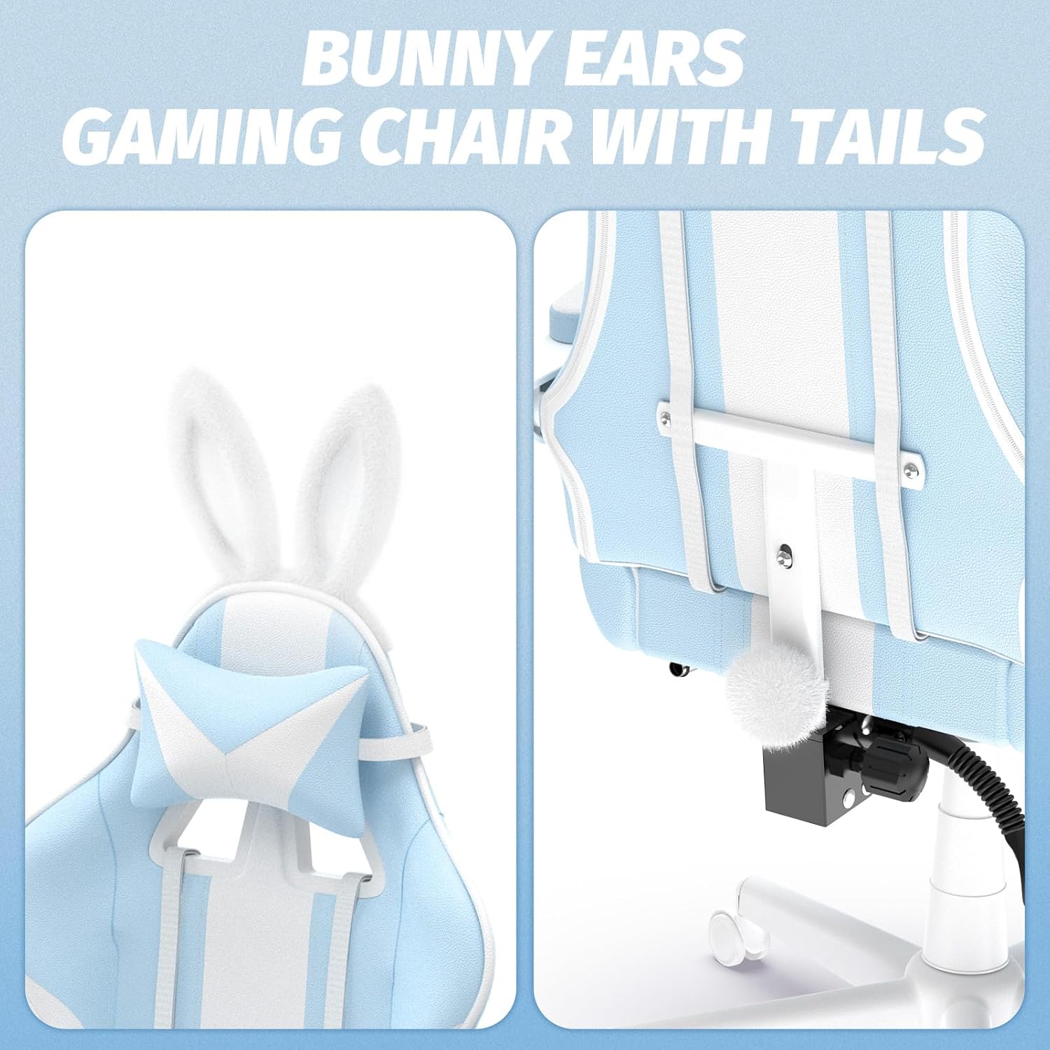 Ferghana Kawaii Bunny Ears Gaming Chair, Cute Gamer Chair with Footrest and Massage, Leather Ergonomic Computer Game Chairs for Girls Adults Teens Kids Light Blue