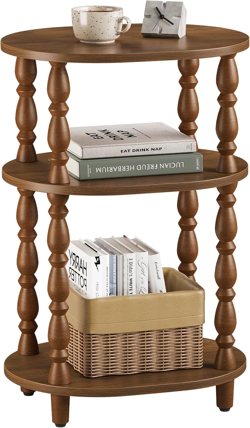 Yoobure 3-Tier Small Side Table - Oval End Table with Vintage Spindle Legs, Accent Night Stand with Storage Shelf for Narrow Spaces, Wood Nightstand Bedside Table for Living Room, Bedroom, Walnut
