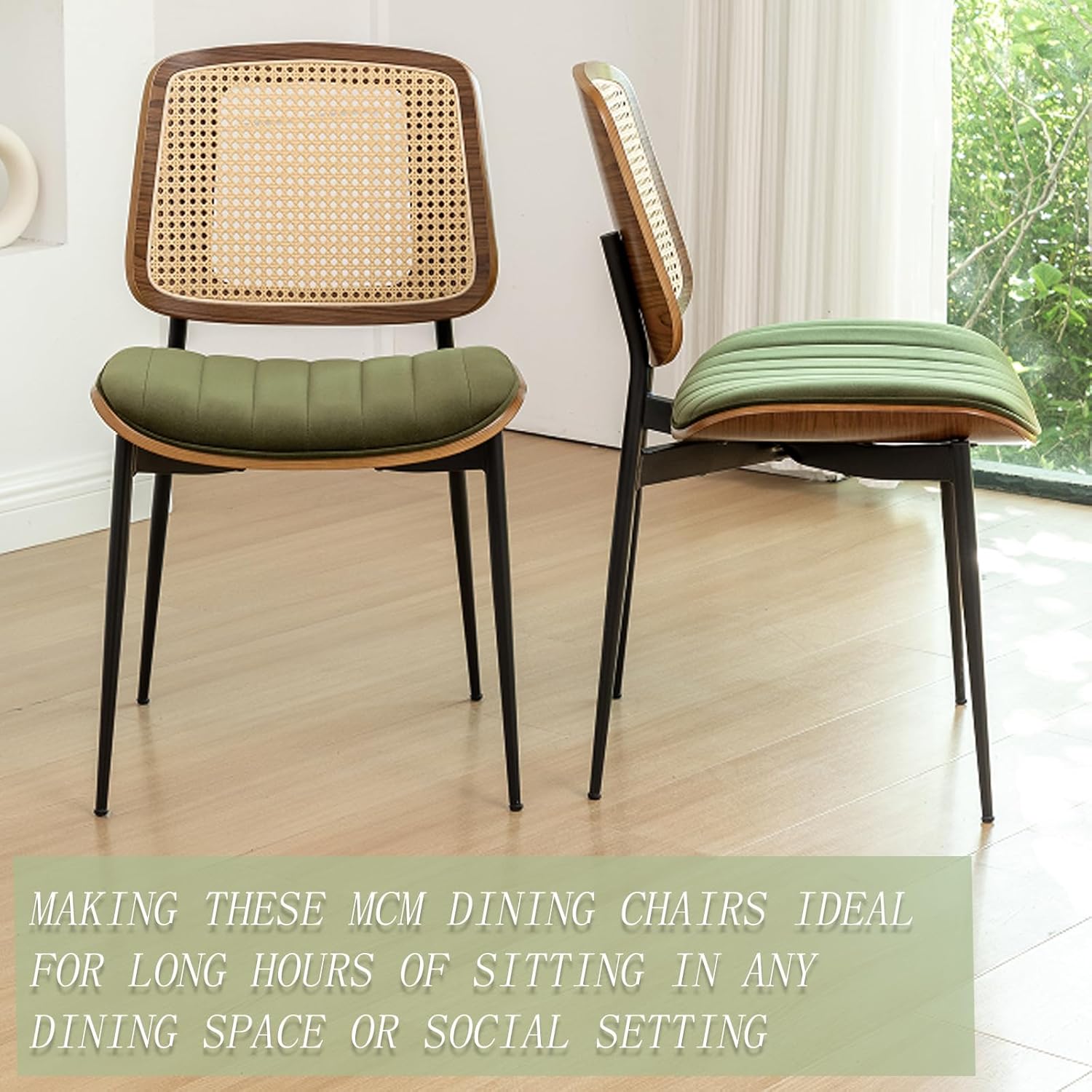 LUNLING Dining Chairs Set of 4 Mid Century Modern Retro Green Velvet Kitchen Chairs with Walnut Bentwood Upholstered Seat Metal Legs Adjustable Foot for Kitchen Dining Room Chairs(Green Fabric)