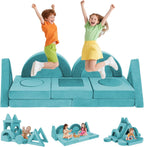 16PCS Modular Kids Play Couch Versatile Toddler Sofa Bed with Washable Covers Convertible Foam Sofa for Playroom Bedroom Creative Fort Building Set for Boys & Girls (Cyan)