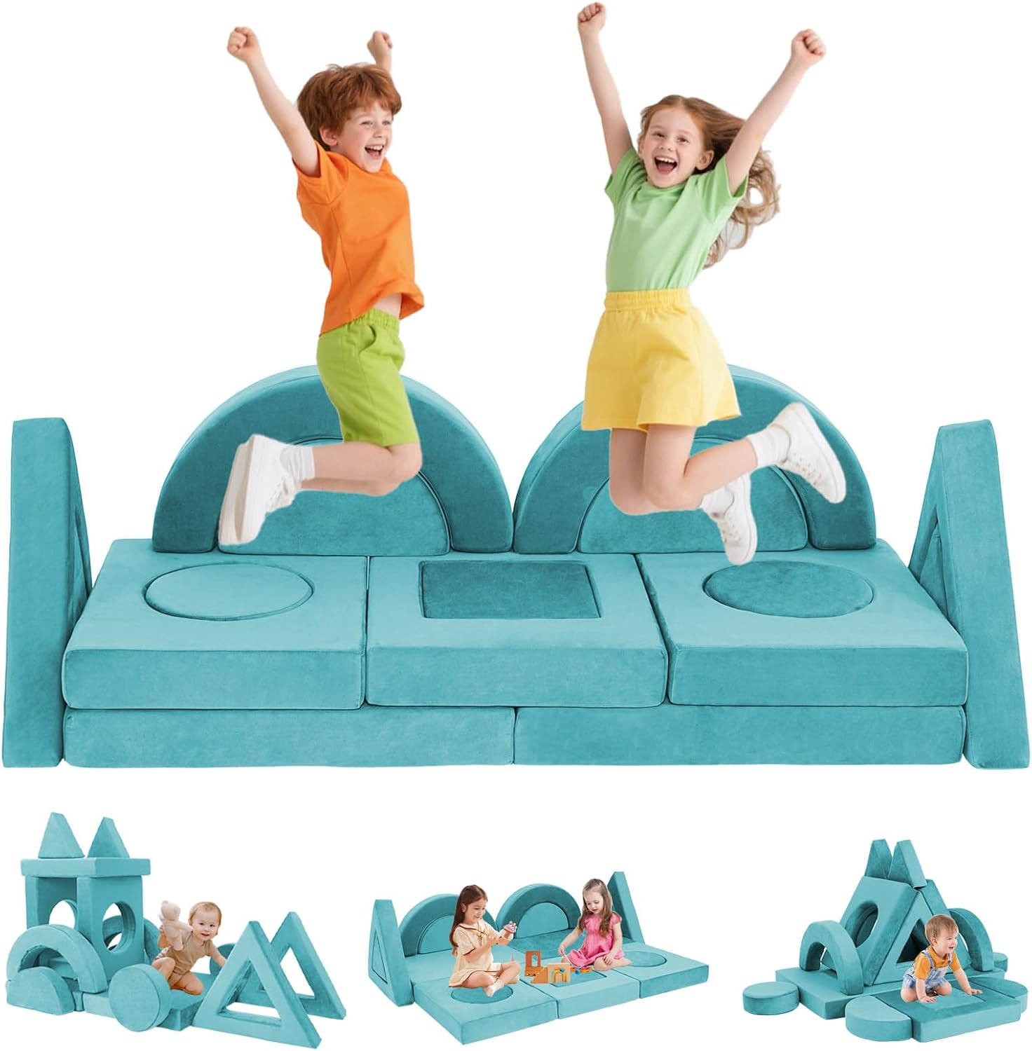 16PCS Modular Kids Play Couch Versatile Toddler Sofa Bed with Washable Covers Convertible Foam Sofa for Playroom Bedroom Creative Fort Building Set for Boys & Girls (Cyan)