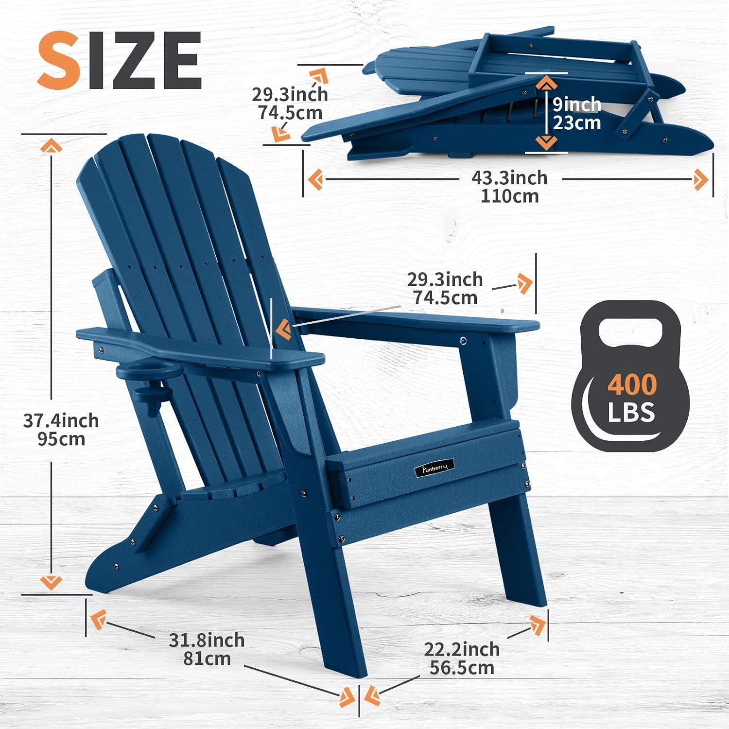 FUNBERRY Folding Adirondack Chair Set of 2, HDPE All Weather Fire Pit Chairs with Cup Holder for Outdoor