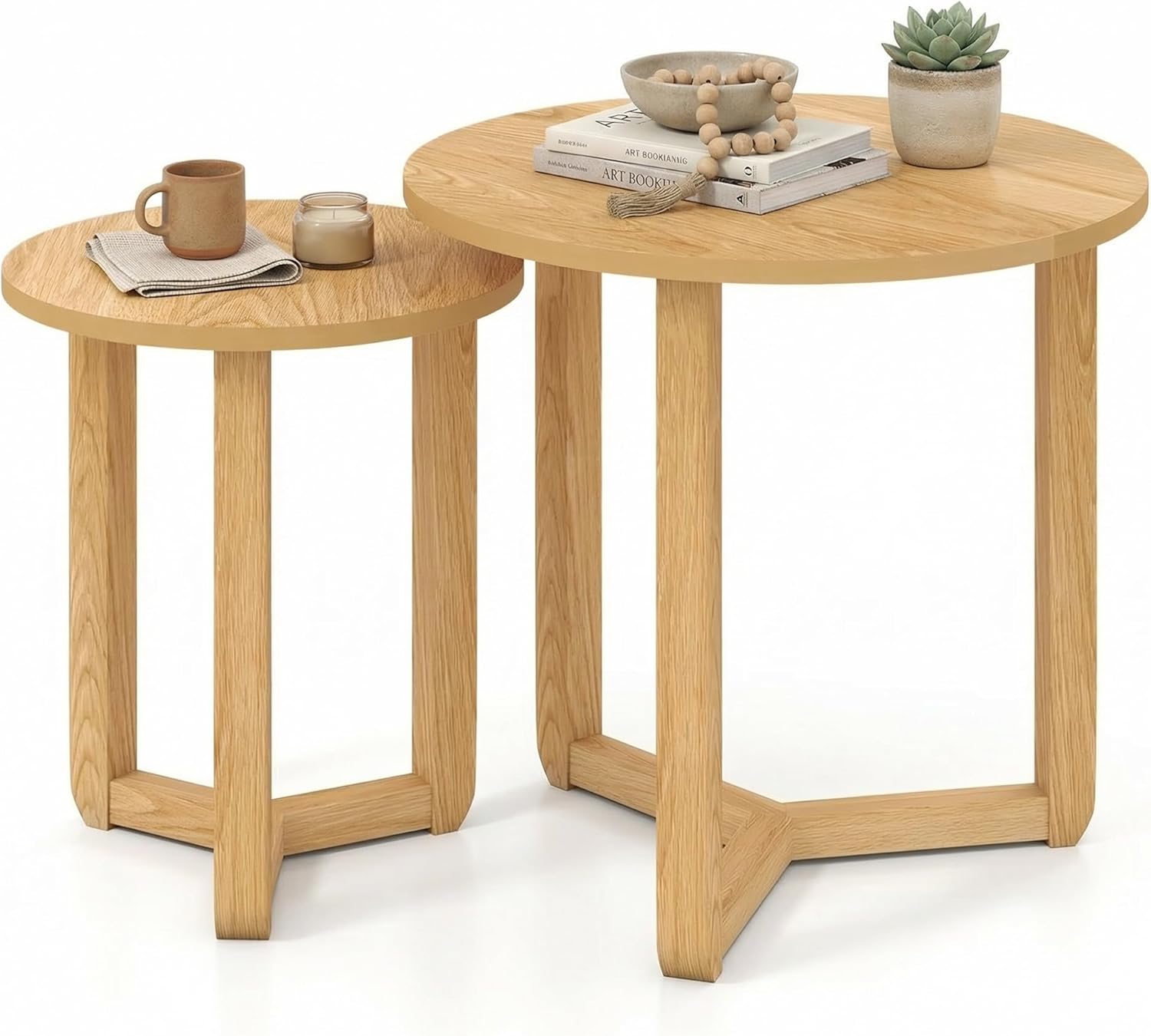 Tangkula Round Nesting Coffee Table Set of 2, Farmhouse End Tables with Solid Rubber Wood Tripod Legs, Compact Sofa Side Tables for Living Room Bedroom Small Spaces (Natural)