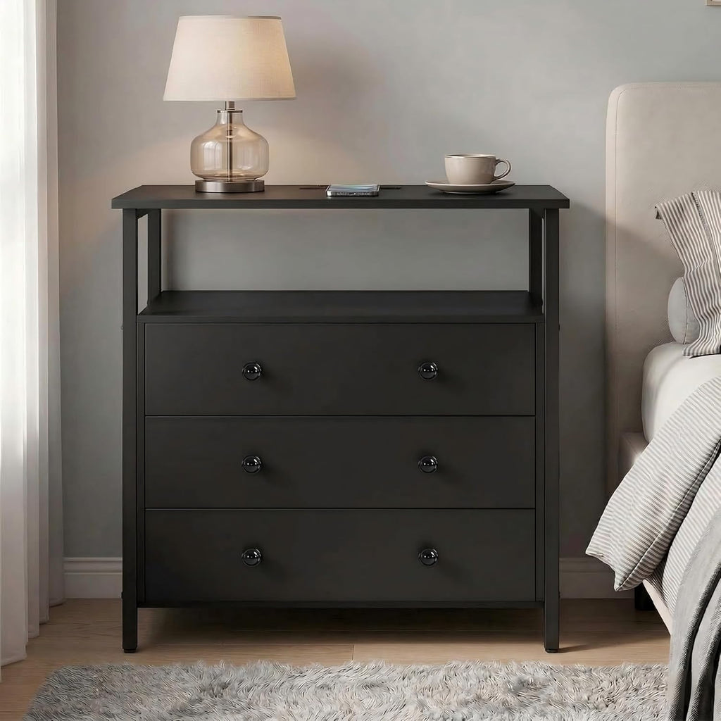 Edbuosy 27" Wide Nightstand with Charging Station & 3 Drawer, Black | Small Dresser for Closet, 2 AC Outlets & 2 USB Ports, Open Shelf, Adjustable Feet, Wood Nightstand for Living Room or Bedroom