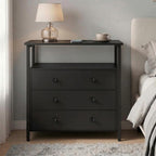 Edbuosy 27" Wide Nightstand with Charging Station & 3 Drawer, Black | Small Dresser for Closet, 2 AC Outlets & 2 USB Ports, Open Shelf, Adjustable Feet, Wood Nightstand for Living Room or Bedroom