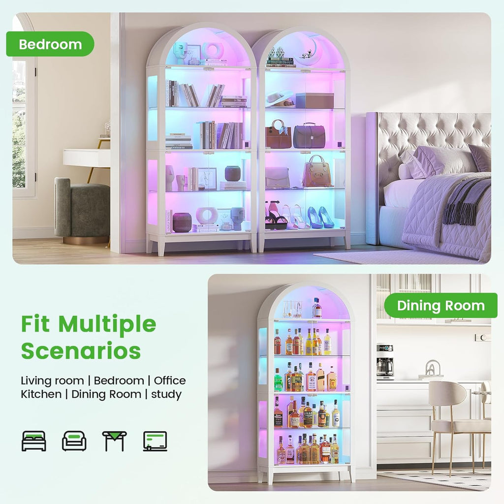 HNEBC Arched Display Case with RGB Lights, 69" Tall 5-Tier Tempered Glass Display Cabinet with Doors, LED Curio Cabinet with Shelf, Bookcase with Music-Synced Lighting for Living Room(White)