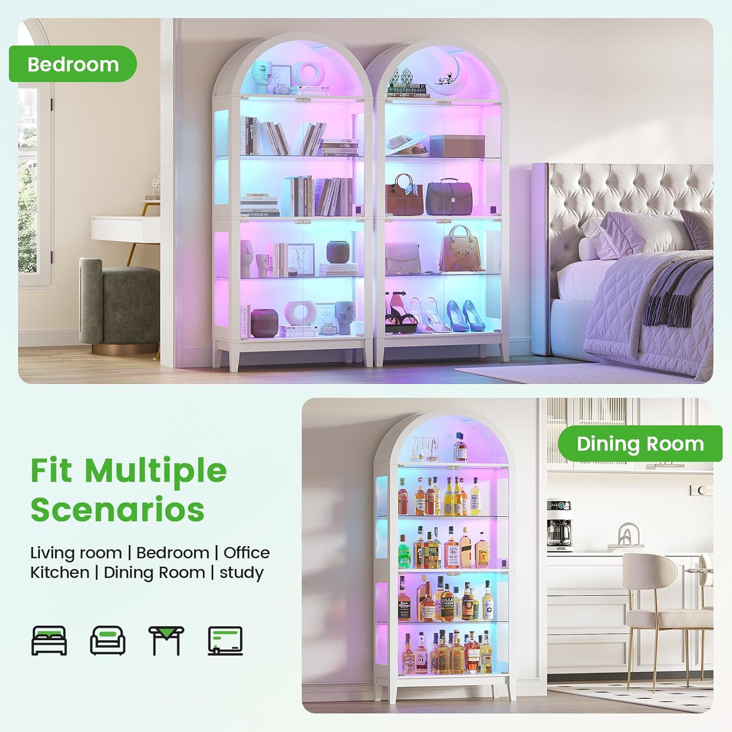 HNEBC Arched Display Case with RGB Lights, 69" Tall 5-Tier Tempered Glass Display Cabinet with Doors, LED Curio Cabinet with Shelf, Bookcase with Music-Synced Lighting for Living Room(White)