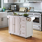 53.5" Kitchen Island Cart with Storage, Rolling Kitchen Cart on Wheels with Stainless Steel Top, Mobile Prep Station with Drawers, Cabinets, Adjustable Shelves & Towel Rack, Solid Wood, Off White