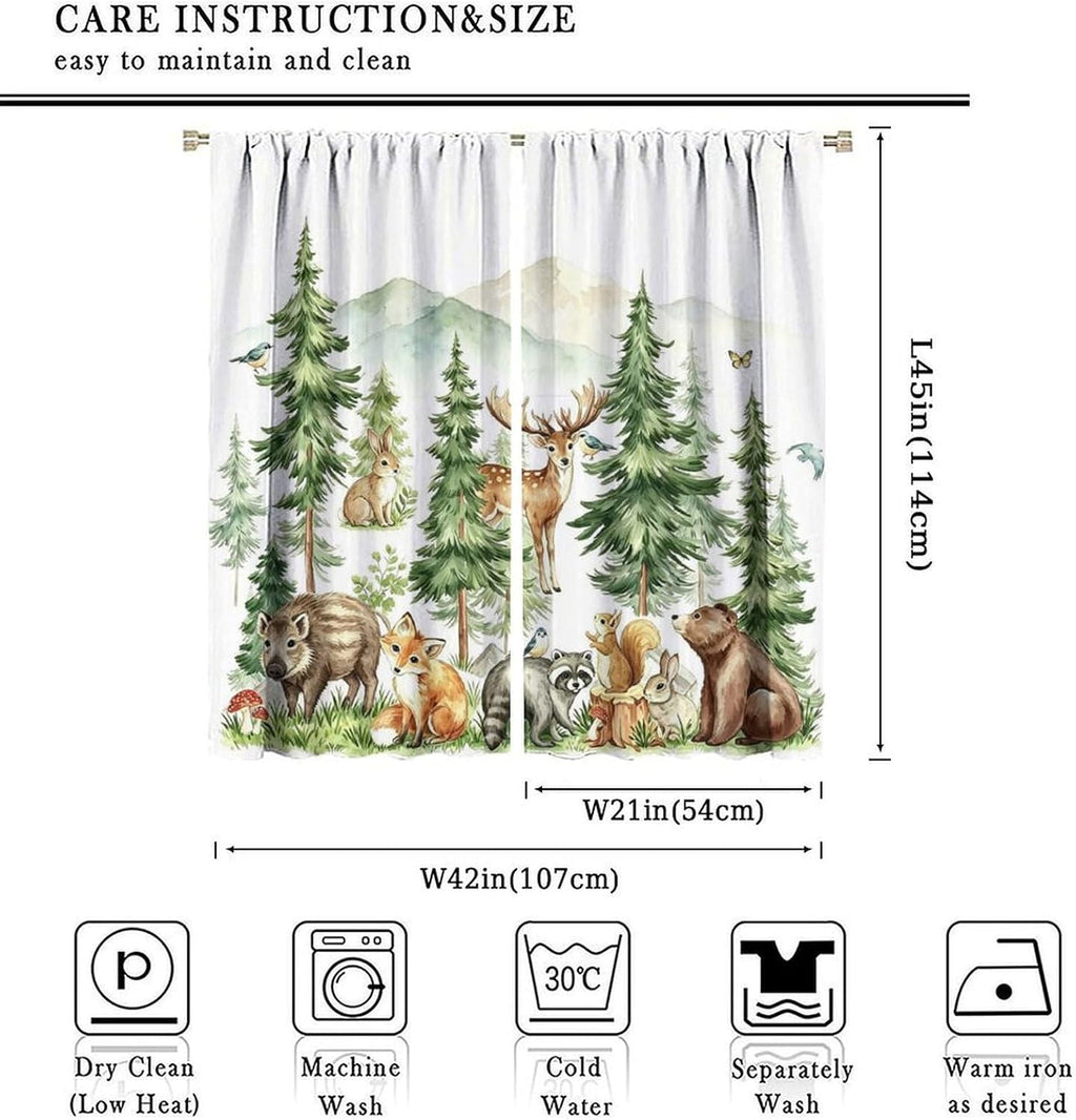 Woodland Curtains Nursery Wildlife Theme, Rustic Watercolor Forest Animal Hedgehog, Rabbit, Fox, and Deer Print, Blackout Window Drapes for Baby Girls Boys Bedroom Living Room, 2 Panels W42xL45 Inch