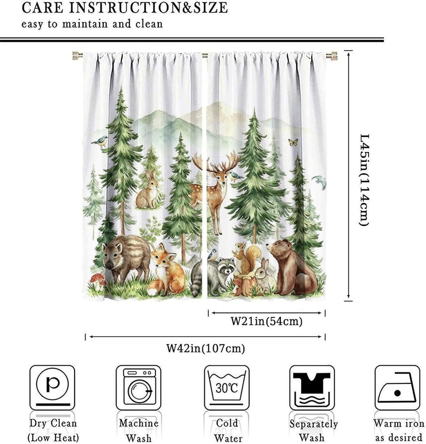 Woodland Curtains Nursery Wildlife Theme, Rustic Watercolor Forest Animal Hedgehog, Rabbit, Fox, and Deer Print, Blackout Window Drapes for Baby Girls Boys Bedroom Living Room, 2 Panels W42xL45 Inch