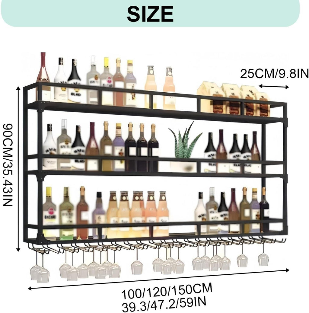 71in Wall Mounted Wine Rack, Wine Rack Wall Mounted with Wine Glass Rack, Metal Bottle Display Shelf Wine Cups Hanging Holder, for Home Bar Cafe Dining Room Decoration (A-BLACK, 70.8 * 10 * 35.5IN)
