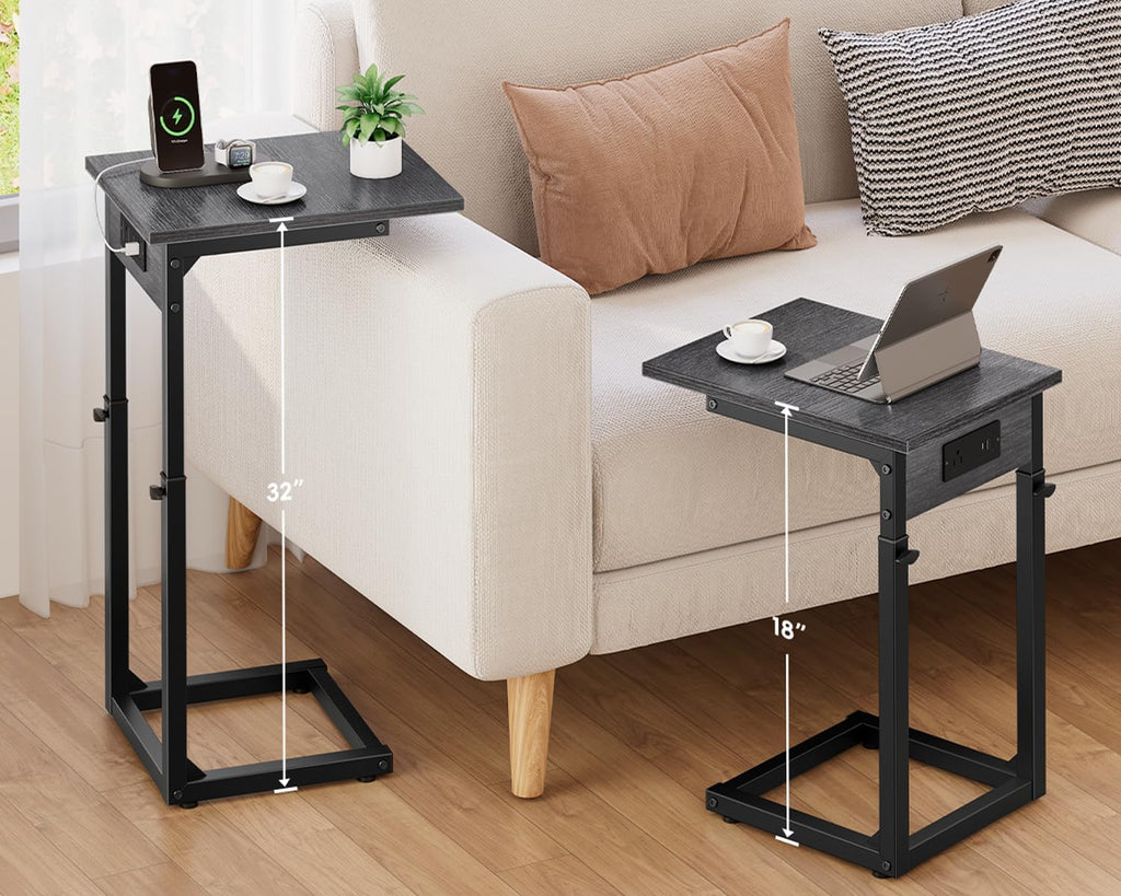 Vagusicc C Shaped End Table with Charging Station, 33" Tall Side Table for Couch, Adjustable Height C Table End Table, Couch Table Slide Under Sofa Table TV Tray Table for Living Room, Gray Walnut
