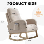 Modern Accent Rocking Chair with Solid Wood Legs, 19 Inch Wide Upholstered Nursery Glider Rocker, Comfy Armchair with Side Pocket, Living Room Lounge Arm Chair with High Backrest (Beige No Footrest)