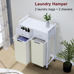 Timberer Laundry Hamper, Laundry Sorter 2 Section, Rolling Laundry Basket with Wheels, 2 Drawers, 2 × 14.5 Gal (55 L), Pull-Out and Removable Oxford Fabric Bags, White and Beige