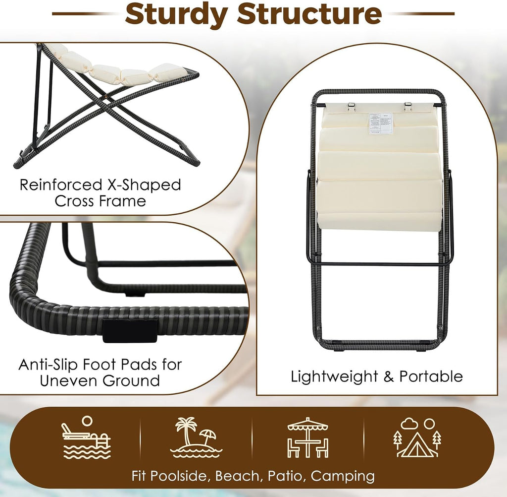 Outdoor Folding Lounge Chair Set of 2, Rattan Outdoor Patio Sling Chairs with Adjustable Backrest, Thick Cushioned & Detachable Headrest, Portable Beach Sling Chair for Poolside Backyard (Black)