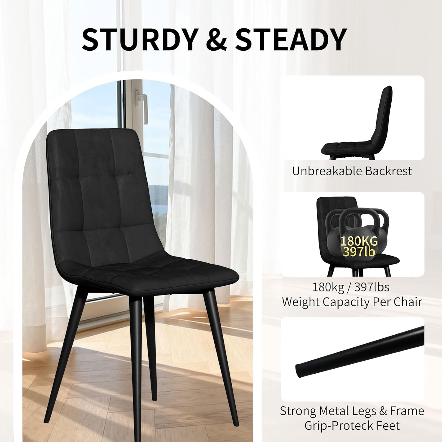 Velvet Dining Chairs Set of 4, Modern Fabric Upholstered Dining Room Kitchen Chair 4pcs Velvet Kitchen Chairs, Mid Century Dinning Dinner Chairs for Living Room,Bedroom (Black, Non-Swivel Chair)