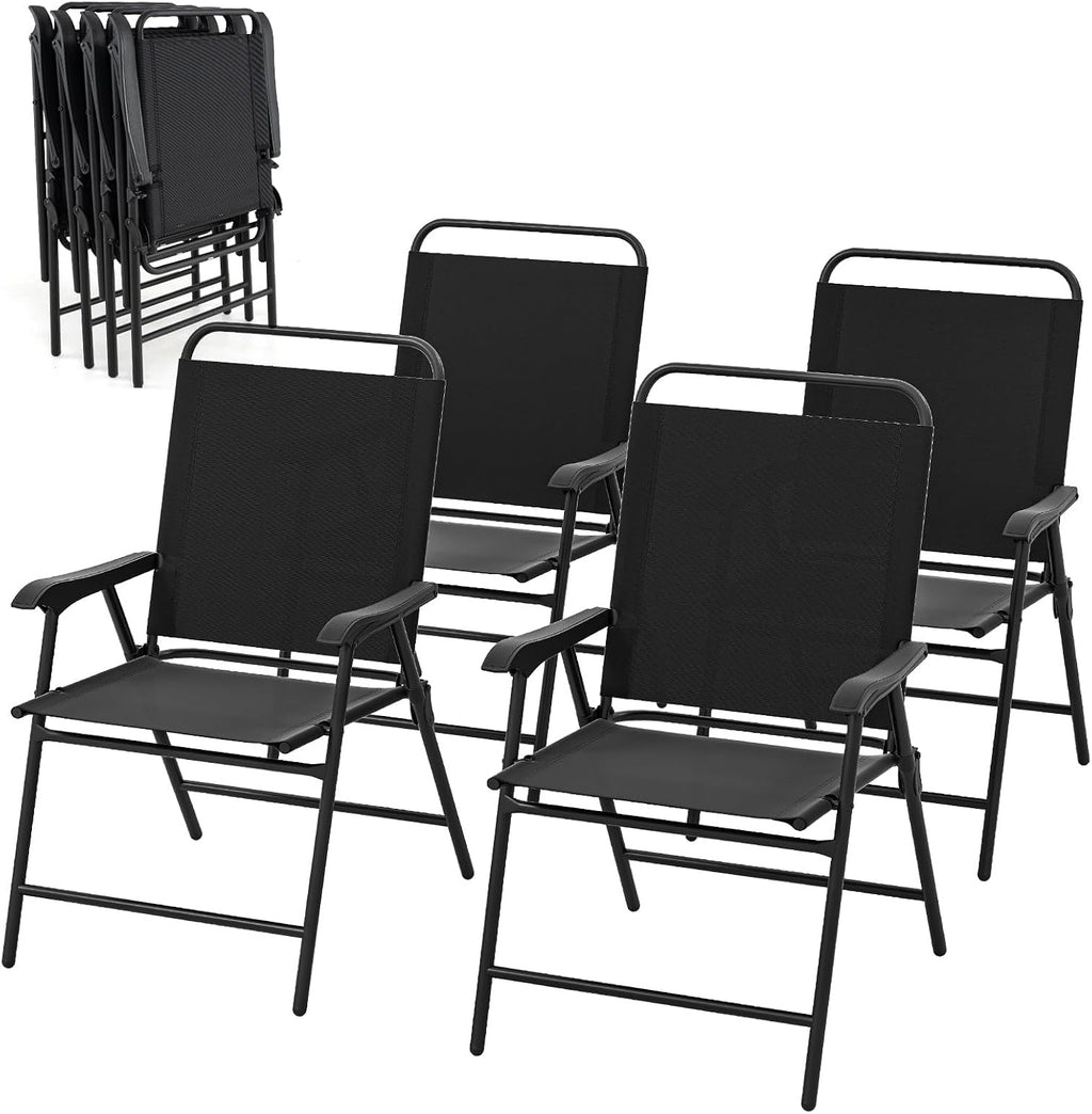 S AFSTAR Patio Chairs Set of 4, Outdoor Folding Lawn Chairs Sling Back Dining Chairs with Armrests & Breathable Seat, Metal Frame Folding Chairs for Garden, Deck, Yard & Porch
