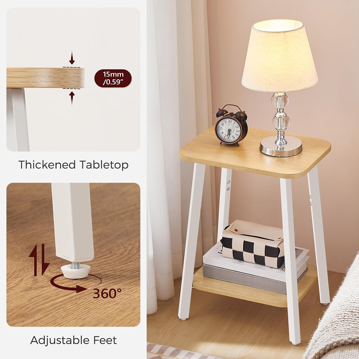 MAHANCRIS Side Table, Small Rectangular End Table with Storage Shelf, 2-Tier Bedside Table Sofa Couch Table, Nightstand for Small Spaces, Living Room, Bedroom, Natural ETBN4701