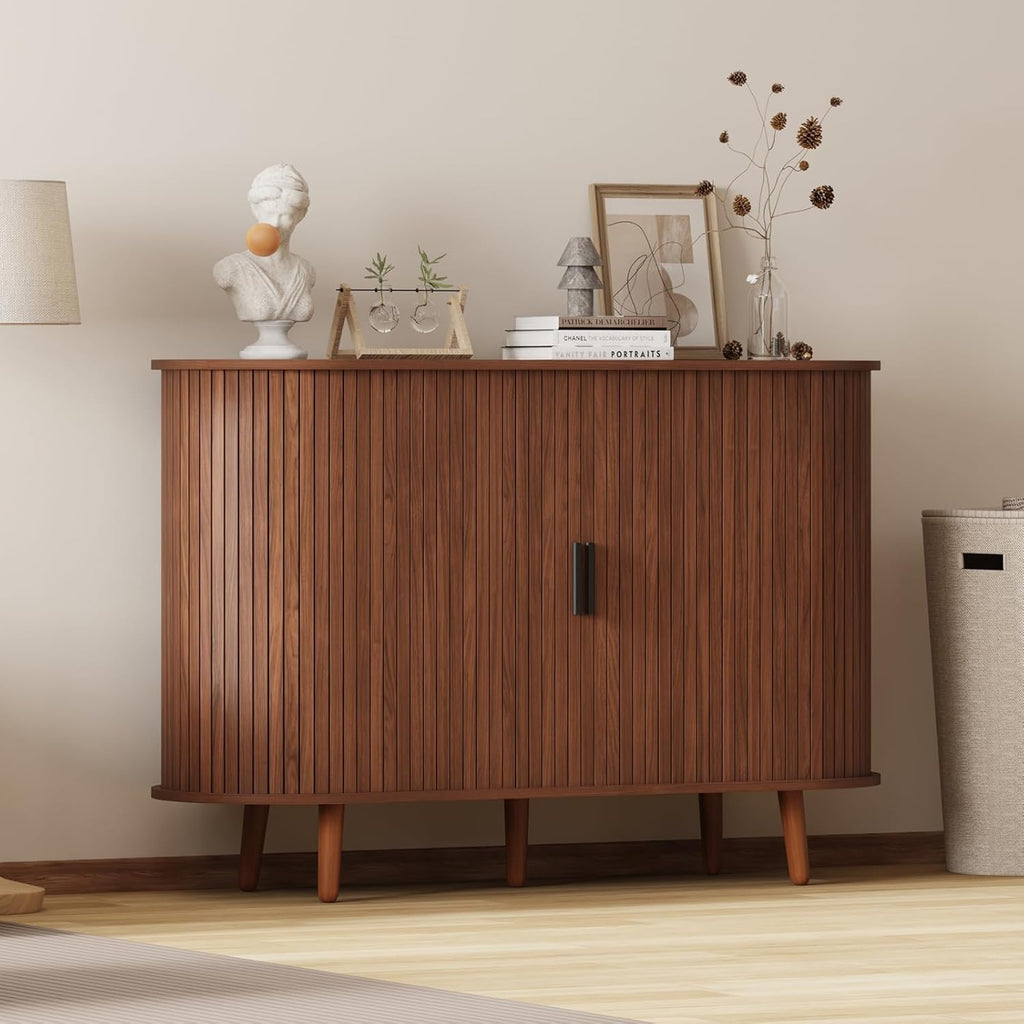47" Buffet Cabinet,Sideboard Buffet Cabinet with Storage,Sideboard Console Table with Sliding Door & Adjustable Shelf,Curved Edge Sideboard Cabinet for Living Room, Kitchen(Walnut)