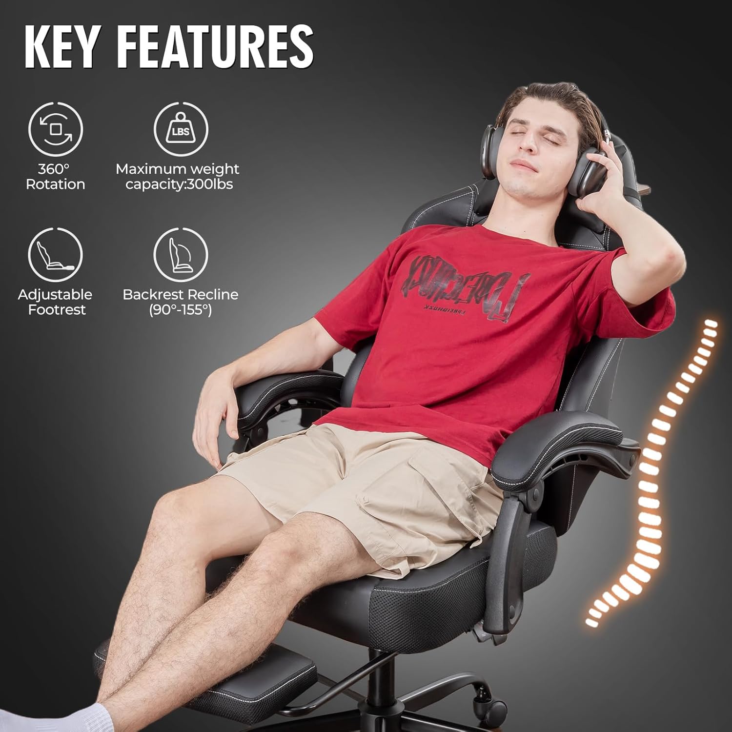 GTPLAYER Gaming Chair for Adults, Big and Tall 300LBS Heavy Duty Office Chair, Ergonomic High Back Lumbar Support and Wide Comfy Cushion with Linkage Armrests, Black