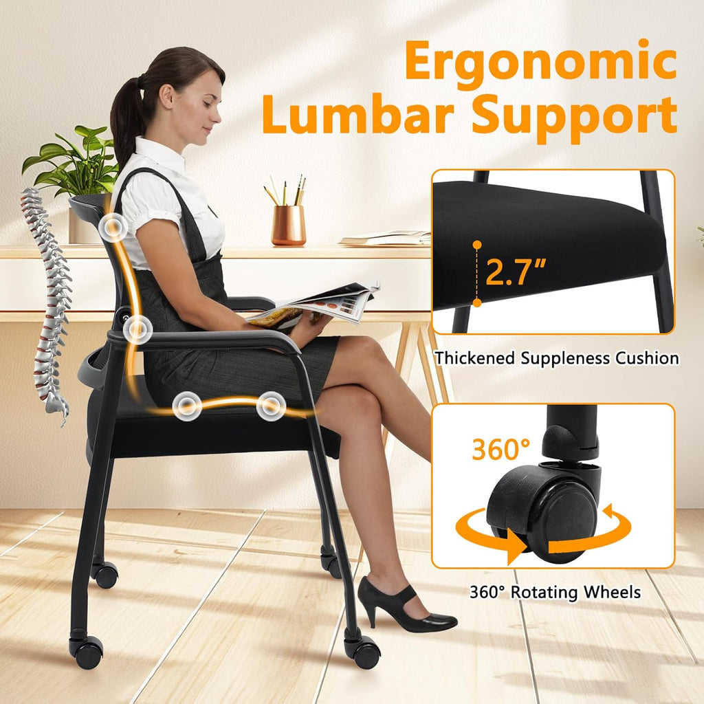 KLASIKA Ergonomic Mesh Back Armchairs with Non-Slip Mute Casters and Upholstered Fabric Thickened Seat, Reception Guest Chair with Lumbar Support for School Church Office Conference Room, Black 8Pack