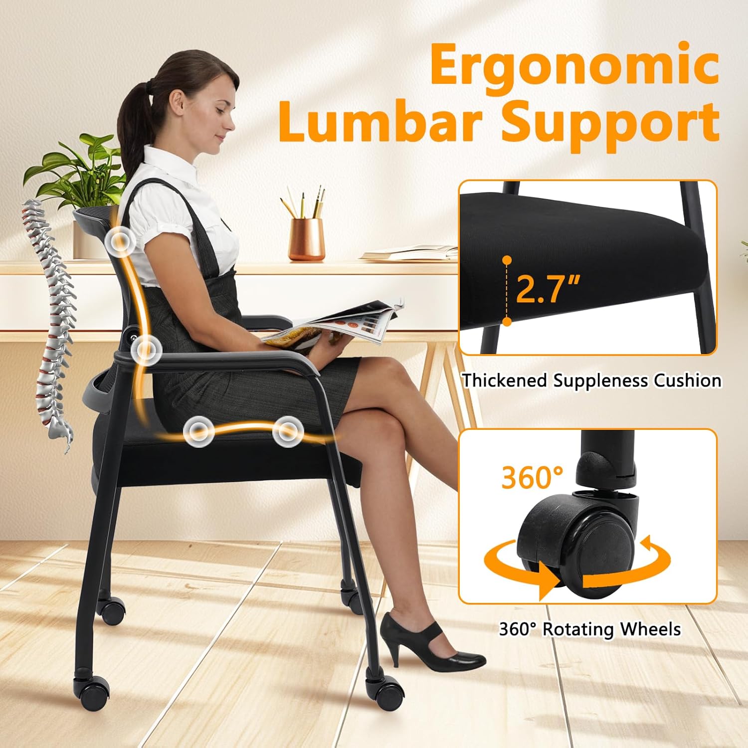 KLASIKA Ergonomic Mesh Back Armchairs with Non-Slip Mute Casters and Upholstered Fabric Thickened Seat, Reception Guest Chair with Lumbar Support for School Church Office Conference Room, Black 8Pack