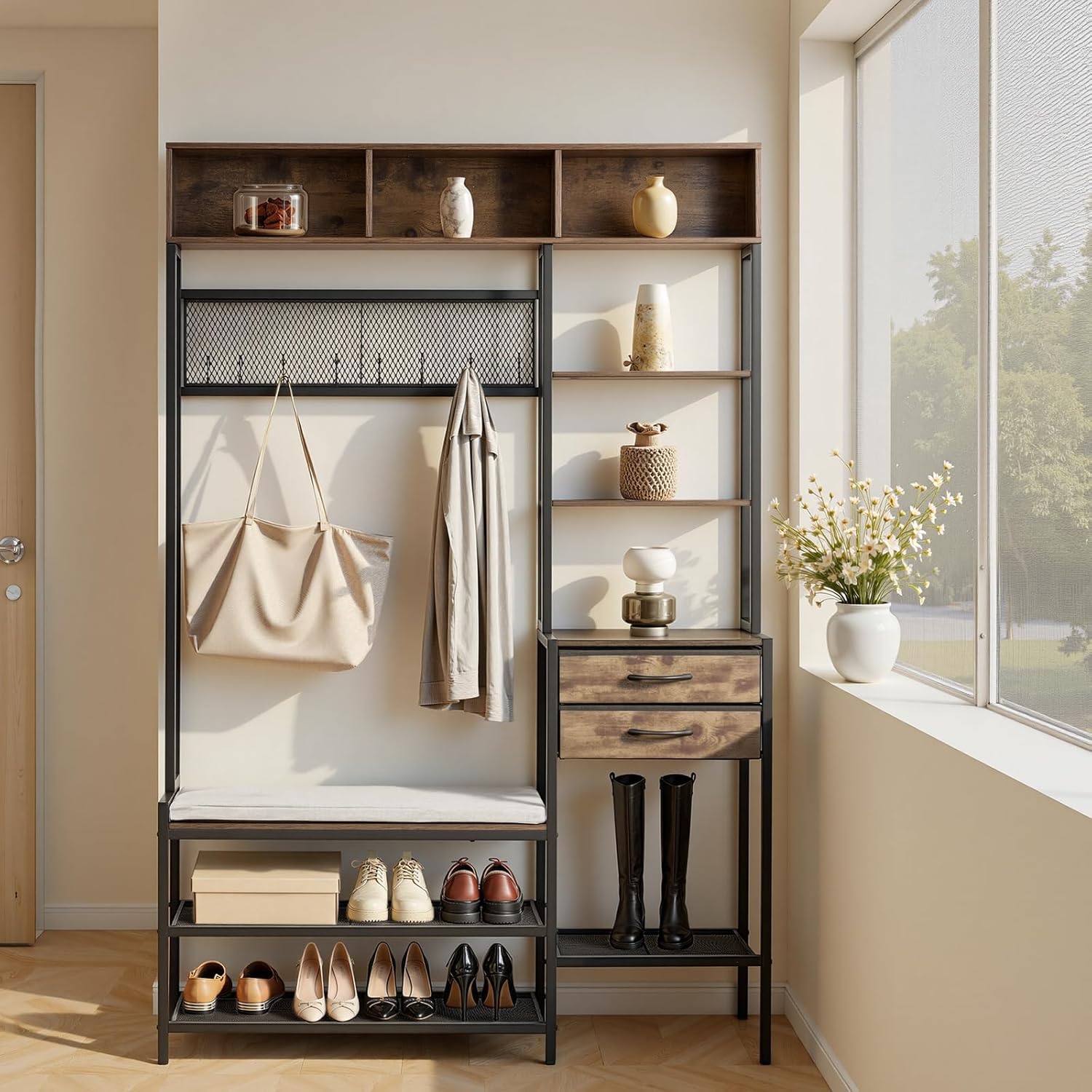 VEVOR Hall Tree with Bench and Shoe Storage, Entryway Bench with Coat Rack, 2 Drawers, 3 Storage Cubbies, 3 Open Shelves, Coat Hooks with Soft Cushion for Entryway, Hallway