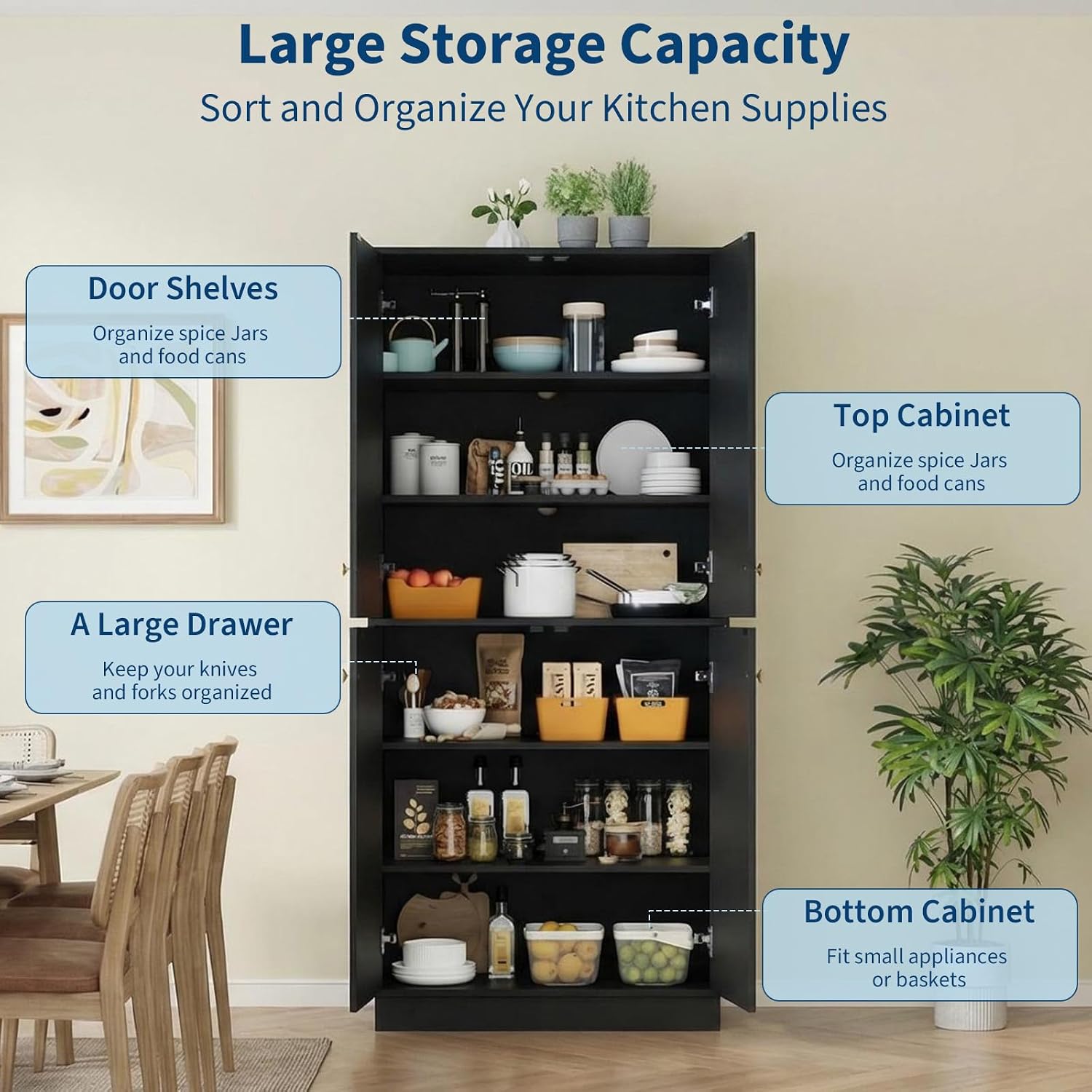 TROPOW Kitchen Pantry Storage Cabinet, 67" Tall Food Pantry with Adjustable Shelves & Anti-Tip Design, Large Kitchen Hutch Cabinet for Dining Room Living Room, Black