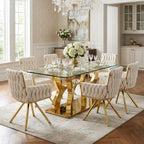 69" Rectangle Glass Dining Table Set for 6, Modern Tempered Glass Table with Stainless Steel Legs & Velvet Upholstered Chairs, Suitable for Dining Room, Kitchen, Gold & Beige