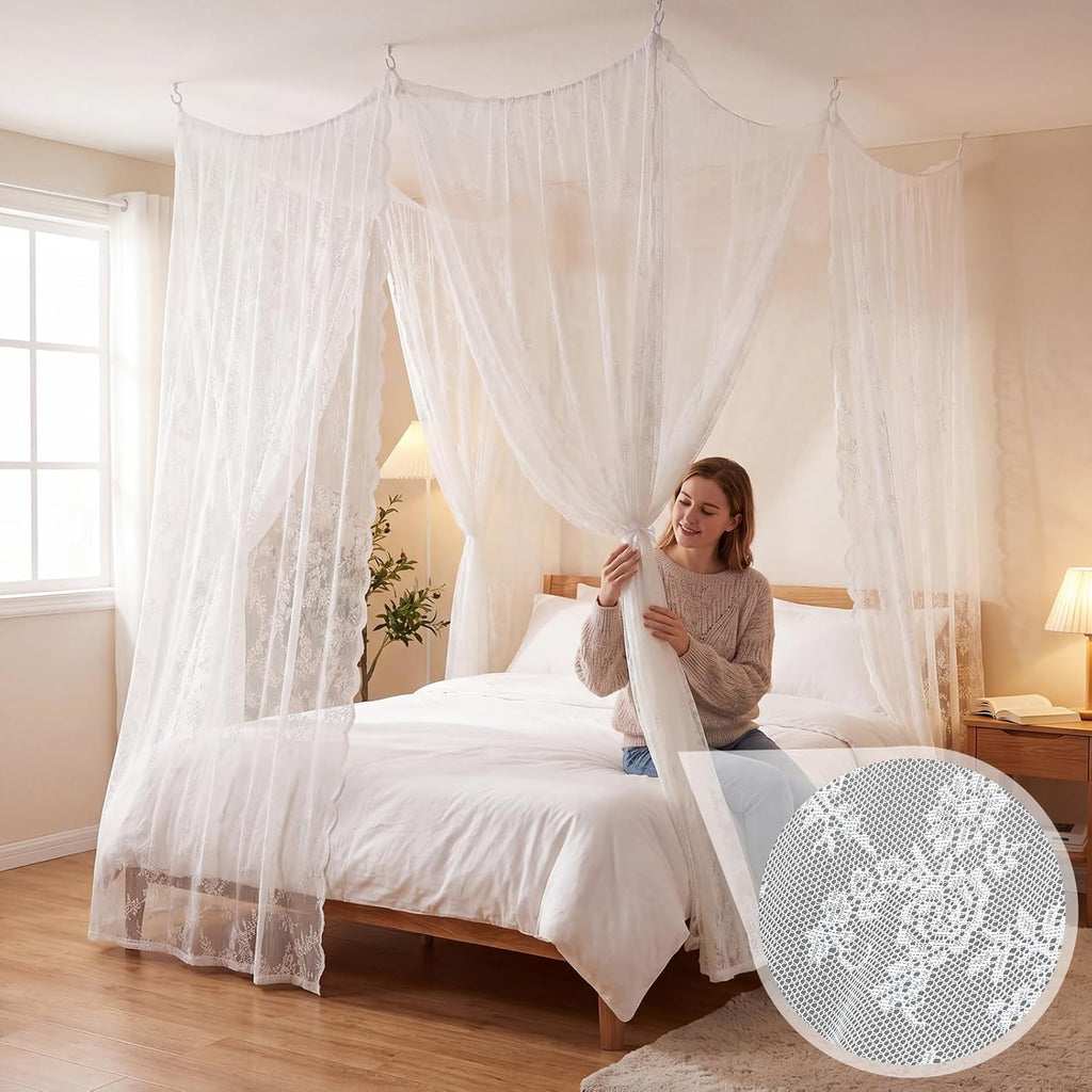 8 Panels Lace Bed Canopy Curtains with 10 Ceiling Hooks 40 x 84 and 30 x 84 Inch Curtains for Queen Size Bed Dorm Bedroom No Drill Romantic White Lace Canopy Tie Top DIY Setup