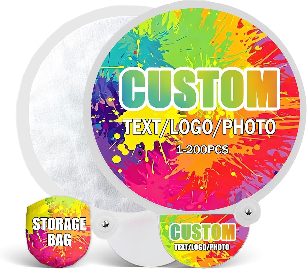 Custom Foldable Hand Fans Bulk - Personalized Round Flying Disc Fan with Photo Logo Text, Portable Pocket Favors for Class of 2026 Graduation, Wedding Guests, Trade Shows & Summer Events (50)