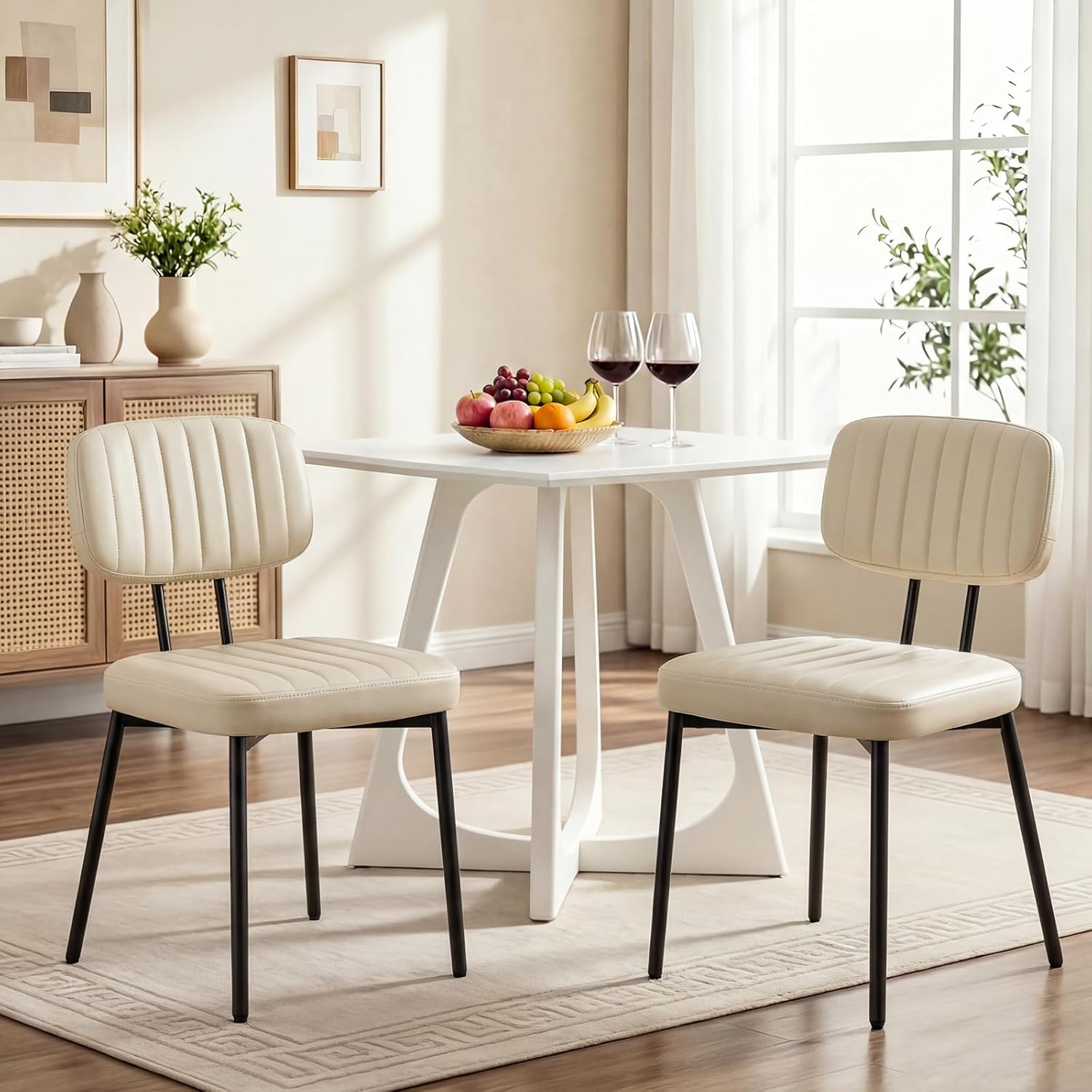 Dining Chairs Set of 4, Modern PU Leather Upholstered Kitchen Chairs with Metal Legs, Mid Century Shell Backrest Side for Dining Room Living Room, Beige White