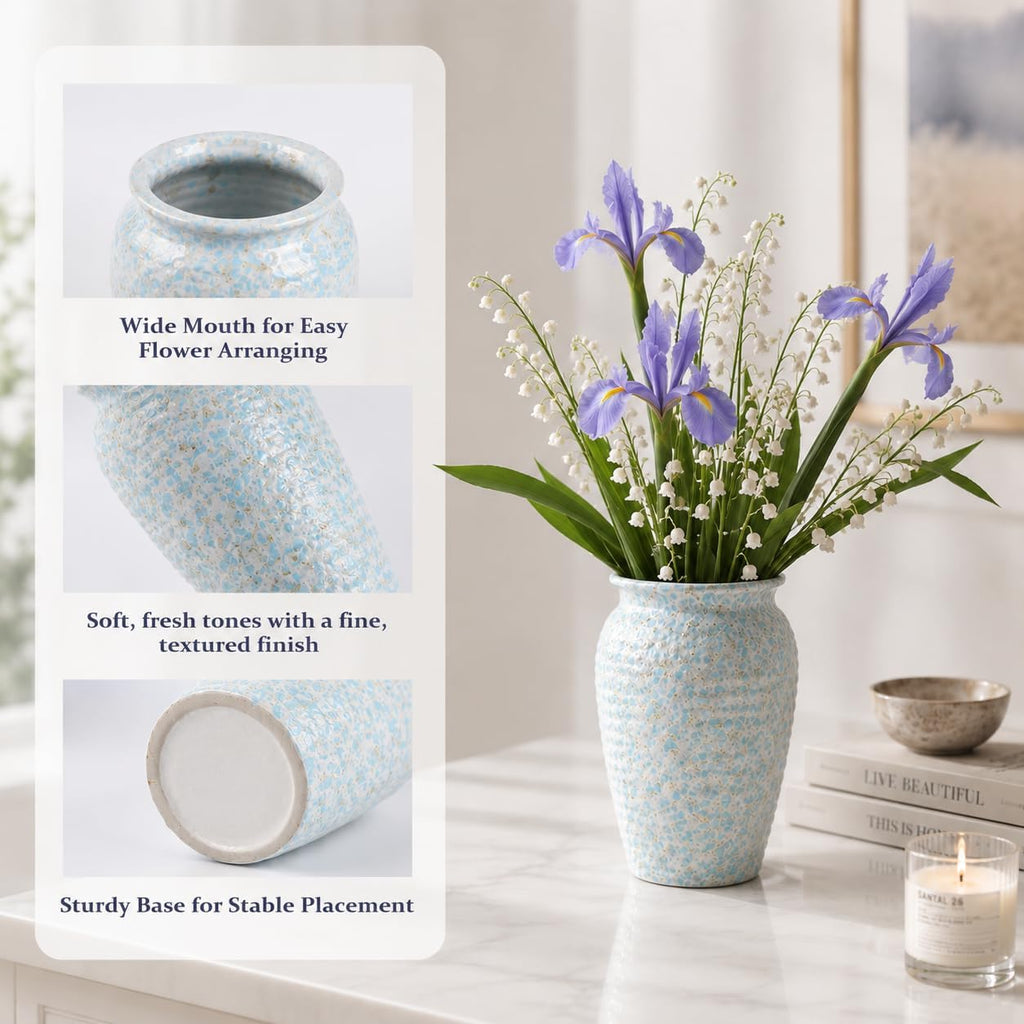 BEAHOT Ceramic Vases Set of 3 – 6.7-inch Handmade Blue & White Pottery Trio with Speckled Glaze – Decorative Flower Vases Home Decor for Table Mantel Entryway Shelf Living Room Kitchen Bathroom