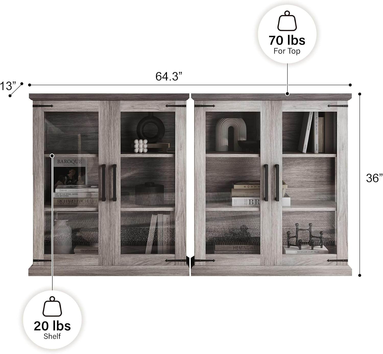 BELLEZE Set of 2 Glass Display Cabinet, 36" Tall Cabinet with Shelves and Glass Doors for Entryway, Living Room, Hallway, or Kitchen - Ashford (Gray Wash)