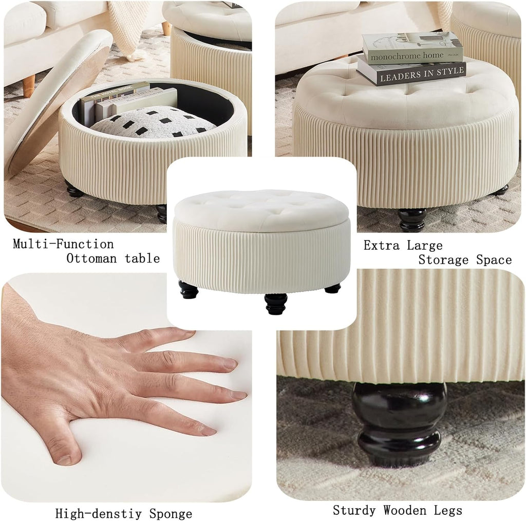 4-in-1 24Inch Round Storage Ottoman, Modern Tufted Fabric Circle Storage Coffee Table with Removable Lid, Upholstered Storage Ottoman with Tray for Living Room (Off White)