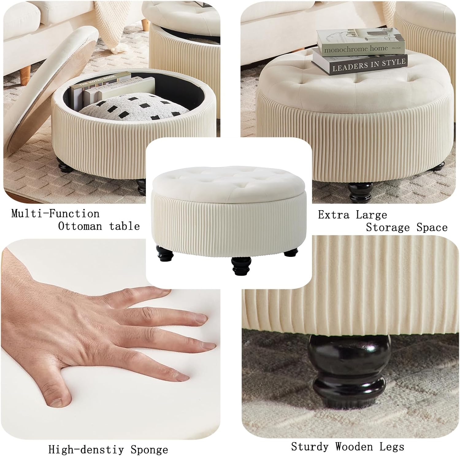 4-in-1 24Inch Round Storage Ottoman, Modern Tufted Fabric Circle Storage Coffee Table with Removable Lid, Upholstered Storage Ottoman with Tray for Living Room (Off White)