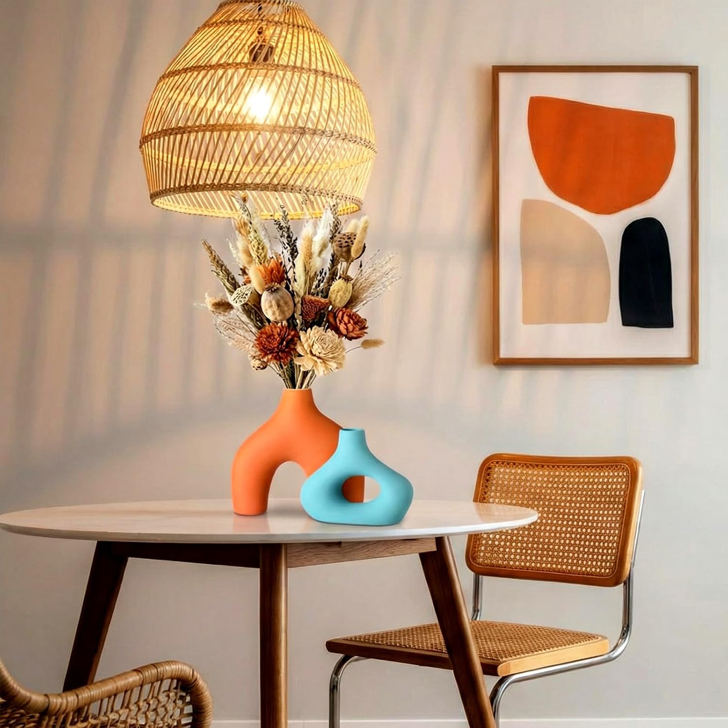 Patelai Set of 2 Mid Century Modern Decor Ceramic Donut Vases, Nordic Boho Round Matte Finish Decor for Home Dining Room Living Room Office Bedroom Shelf(Orange Blue)