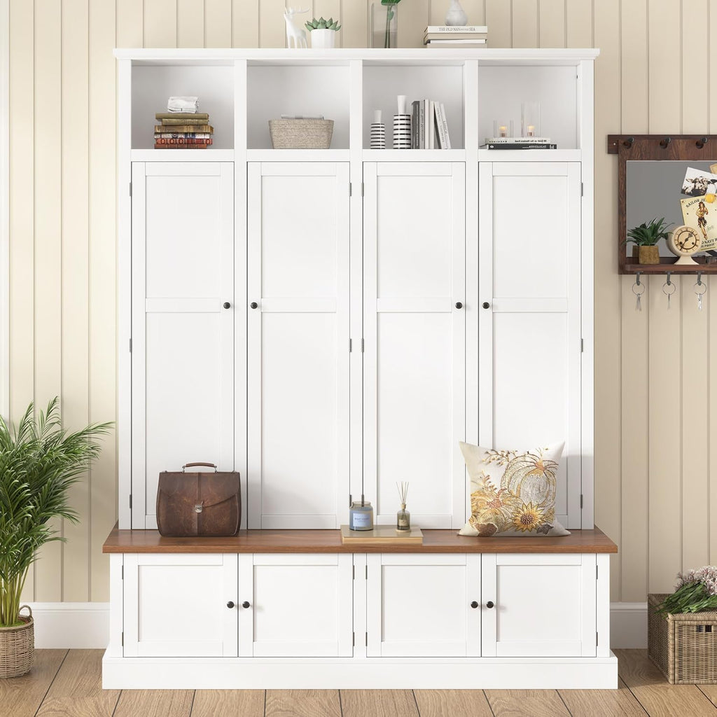 LUMISOL Farmhouse Hall Tree with Bench and Shoe Storage, Entryway Bench with Coat Rack, Hooks, 8 Cabinets & 4 Top Cubbies for Mudroom, Entrance, Hallway, White