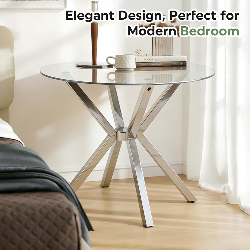 Modern Dining Table, 36 Inch Round Dinner Table for 2-4, Glass Dining Table with Cross Metal Base, Modern Clear Tempered Glass Kitchen Table for Home Dining Room Living Room(Silver Legs)