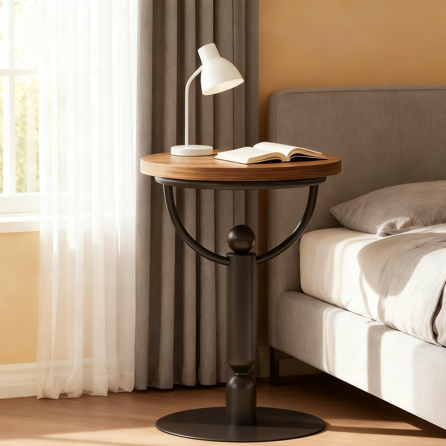 YUNMUARY-Modern Side Tables Living Room, Black Round End Table, Mid Century End Tables for Small Space, Metal Bedside Tables, Wooden Couch Side Table, Nightstand for Bedroom, No Assembly Required