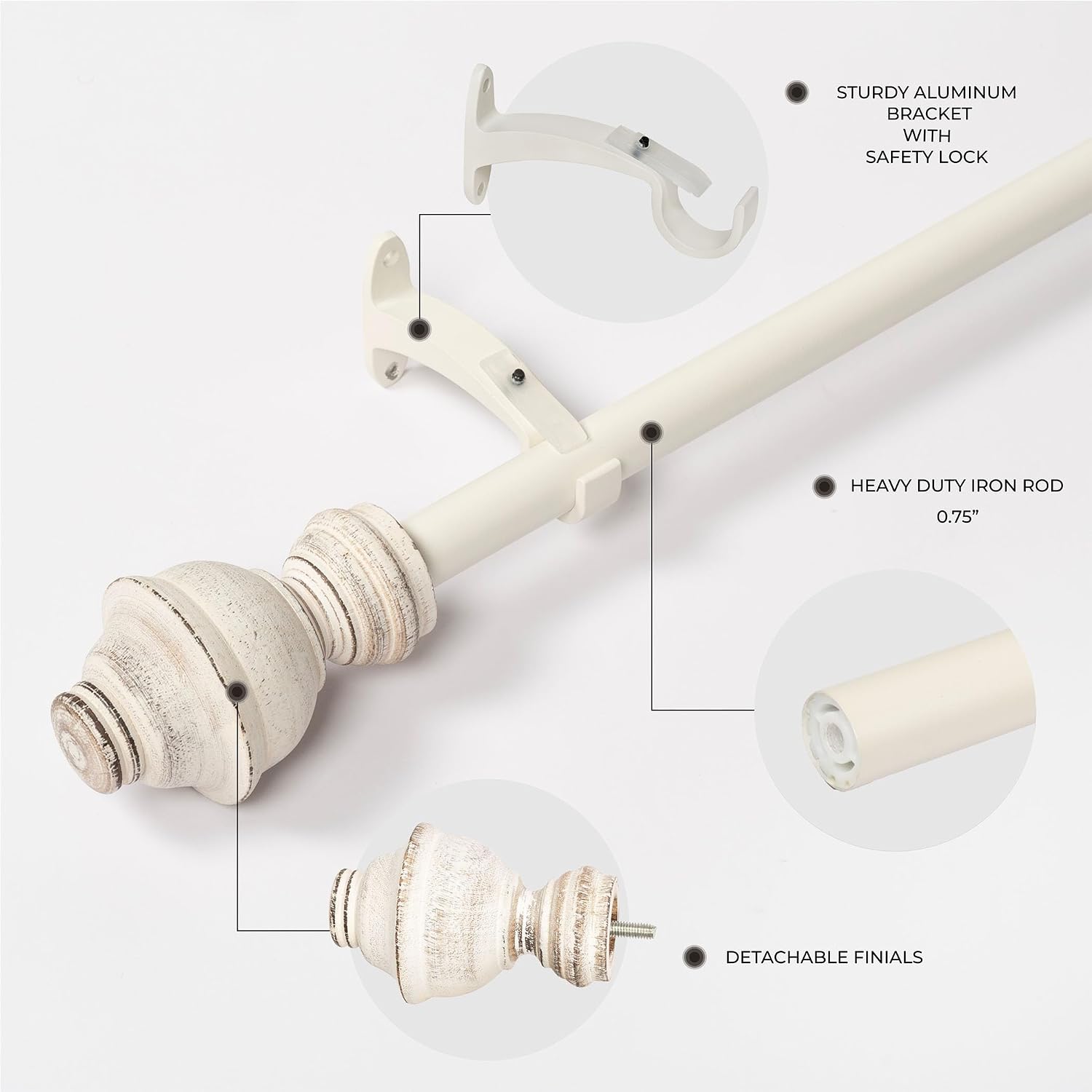 Deco Window Adjustable Curtain Rod for Windows 18 to 44 Inch Extendable Heavy Duty 3/4 Inch Iron Drapery Pole with Cambria Finials Wall Mounted French Door Farmhouse Curtain Rods (Pack of 2, White)