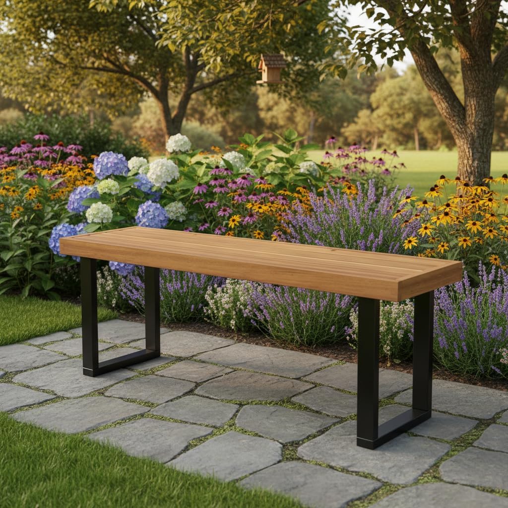 Tangkula Acacia Wood Outdoor Bench, 48" Long Patio Dining Bench w/Metal Legs, Slatted Seat, Backless Picnic Bench, Farmhouse Furniture for Garden Poolside Porch Balcony Deck Indoor (1,Natural)